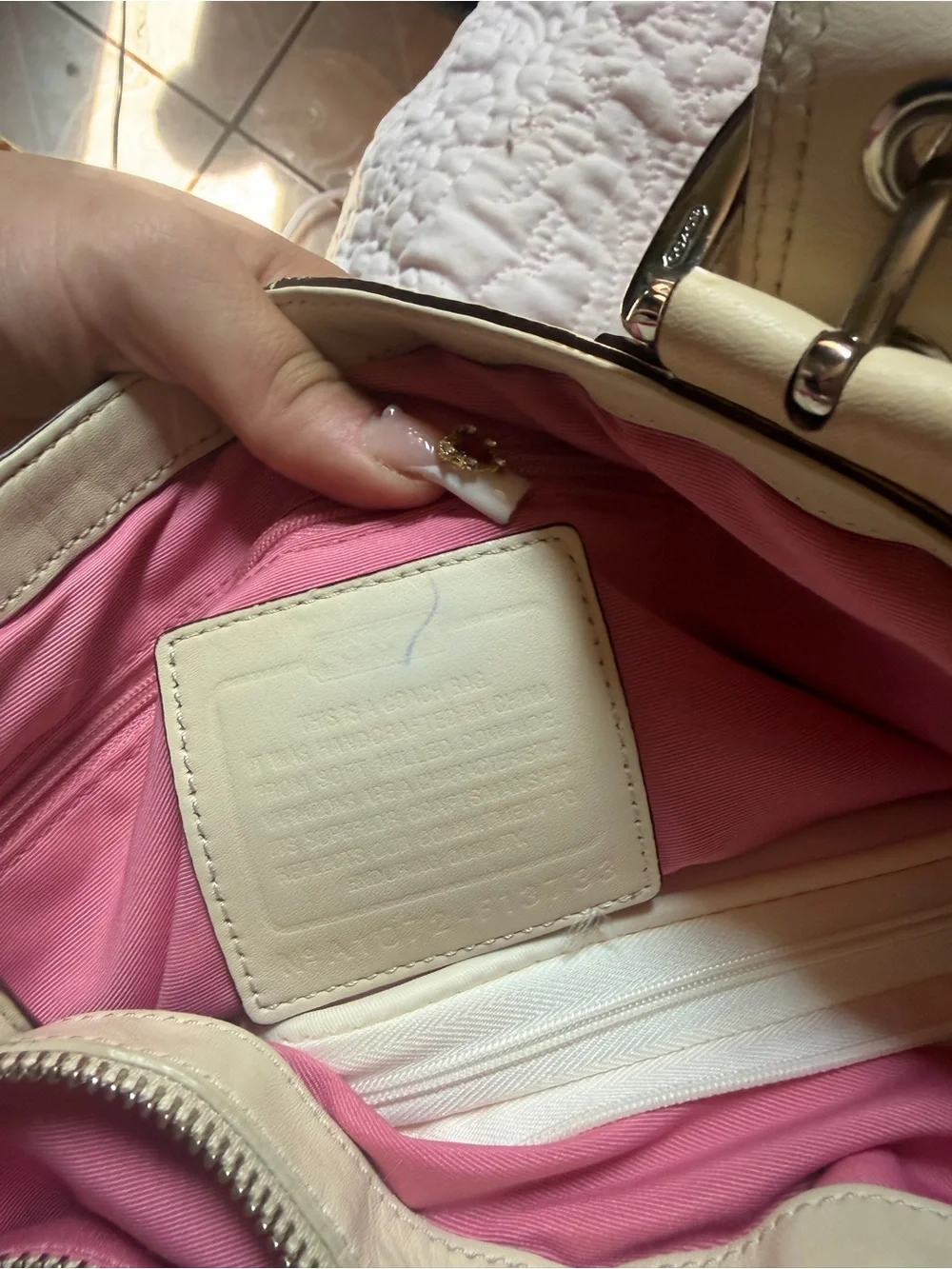 Cream Leather Tote Bag with Pink Interior